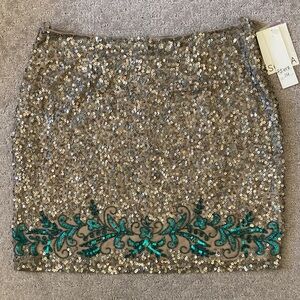 NWT Vintage SCALA taupe & turquoise beaded silk skirt, Sz 14.